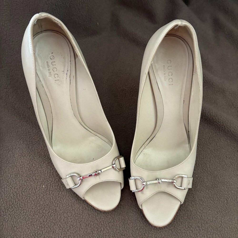 Gucci Margaux Calf Mystic White Open Toe Heels EU 37 US 7